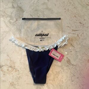 Edikted Navy Blue Bikini Bottom with White Ruffle Trim